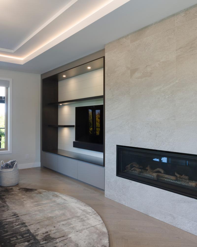 Neutral Grey Large Format Tile Fireplace