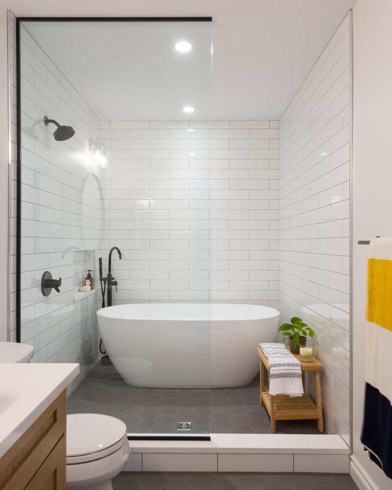 Subway Tile Modern Bathroom With Grey Hexagon Tile Flooring
