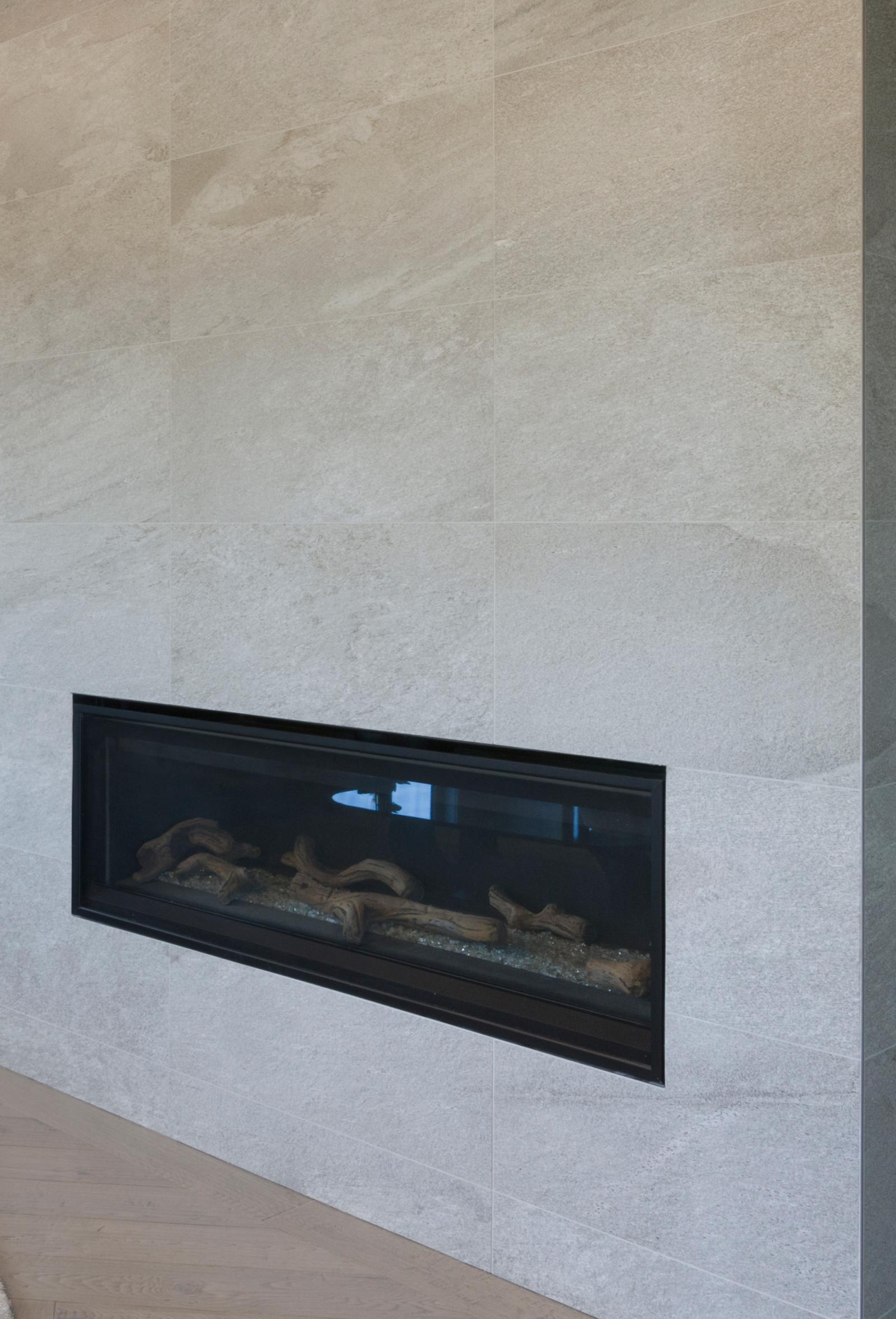 Neutral Grey Large Format Tile Fireplace
