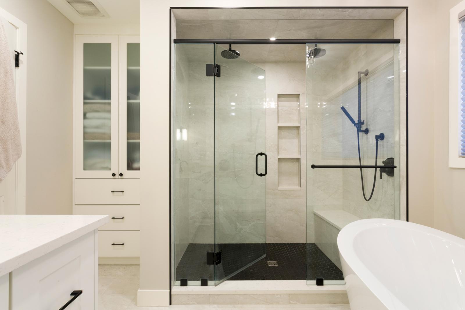 Walk-In Shower With Warm Neutral Tile